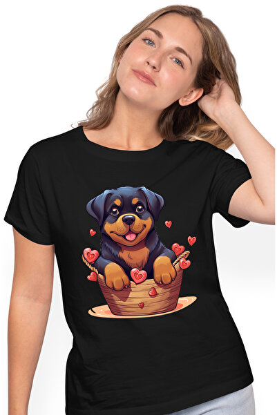 StoryGift Romania Tricou Femei cu un catel Rottweiler care sta intr-un cosule...