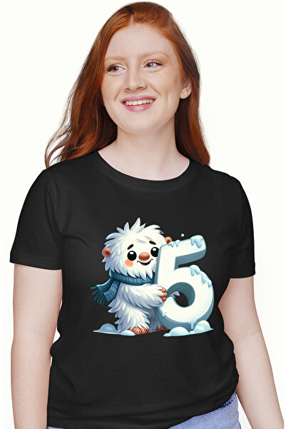 StoryGift Romania Tricou Femei cu Yeti care tine cifra "5", ilustratie, omul zapezilor, fular, fri BLK_S