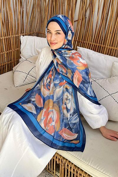 lamelif Flower Pattern Cotton Shawl Navy Blue