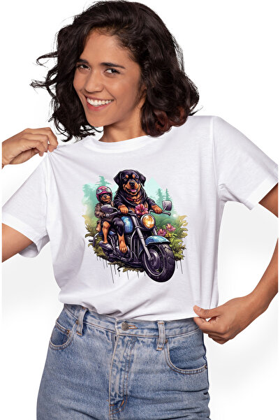 StoryGift Romania Tricou Femei cu 2 caini Rotweiller care se plimba cu motoci...