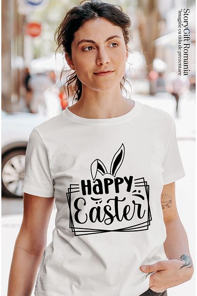 StoryGift Romania Women's T-shirt with rabbit ears and the text "Happy Easter!" - printed greeting WHT_M,STG39679