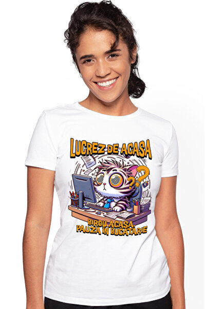 StoryGift Romania Tricou Femei lucrez de acasa pisica la birou pauza in bucat...