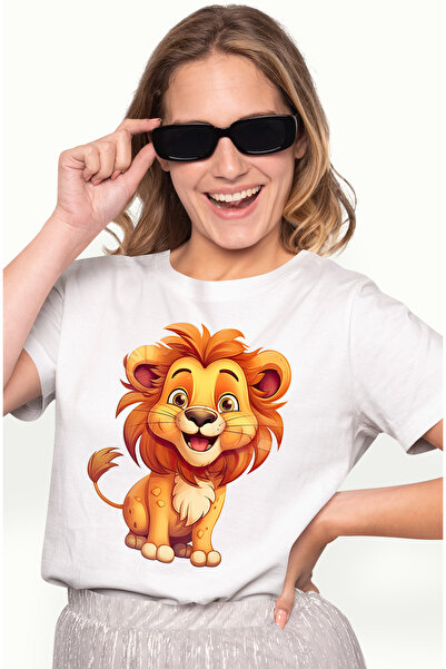 StoryGift Romania Tricou Femei cu un leu vesel, ilustratie, animal salbatic, ...