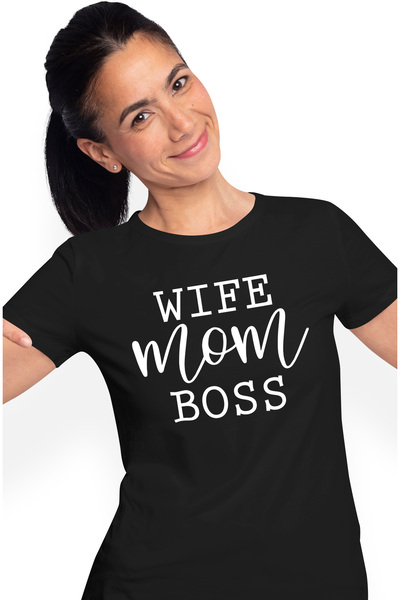 StoryGift Romania Tricou Femei cu textul in engleza "Wife, mom, boss" - sotie...