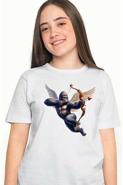 StoryGift Romania Tricou Femei cu o gorila Cupidon, ilustratie, trage cu arcul, aripi, indragostir WHT_XS