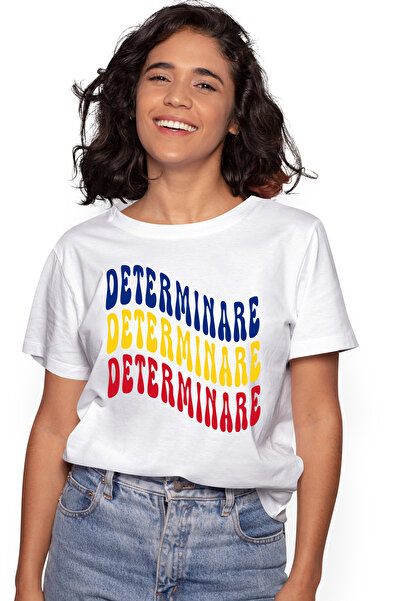 StoryGift Romania Tricou Femei Cuvantul Determinare, in Culorile Steagului Romaniei, Rosu, Galben, WHT_XS