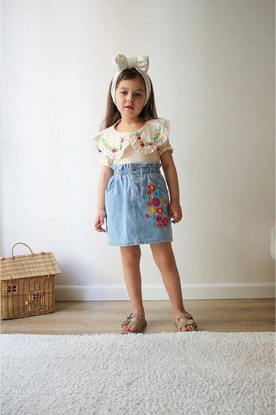 Baby Jeliboom Floral Embroidered Baby Collar Blouse and Embroidered Denim Skirt Stylish Girl Combination