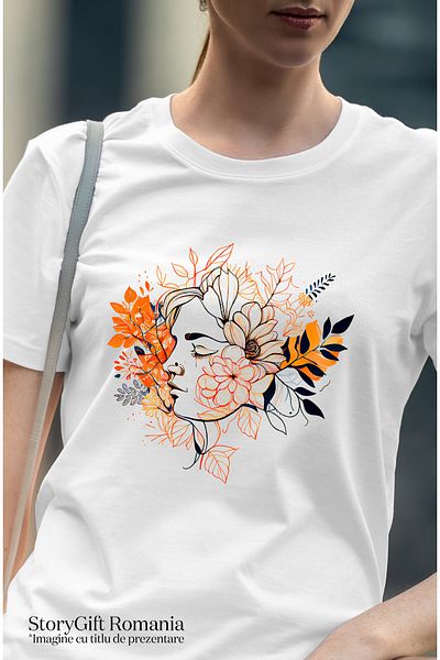 StoryGift Romania Women's T-shirt with a woman's face, illustration, orange leaves, abstract art, WHT_XS