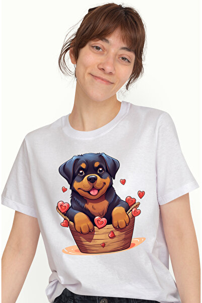 StoryGift Romania Tricou Femei cu un catel Rottweiler care sta intr-un cosule...