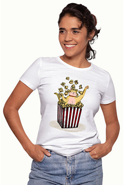StoryGift Romania Tricou Femei cu pisica in popcorn, ilustratie, arunca floricelele, galbena, zgar WHT_S