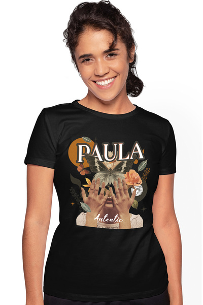 StoryGift Romania Tricou Femei Cu Numele Paula, Colaj Fata, Fluture, Flori, C...