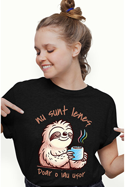 StoryGift Romania Women's T-Shirt Lazy Anima With Coffee Mug Funny Text I'm N...