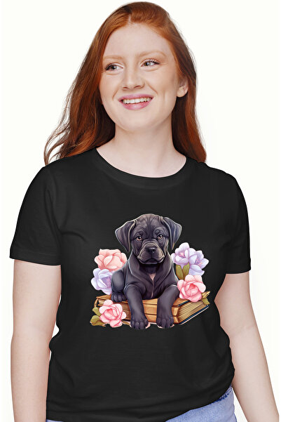 StoryGift Romania Tricou Femei cu un catel negru care sta pe o carte, flori, ...