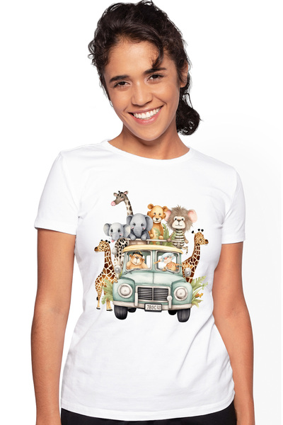 StoryGift Romania Tricou Femei cu o masina cu animale din jungla, ilustratie, salbatice, safari, p WHT_XL