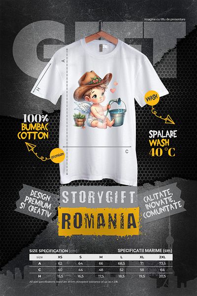 StoryGift Romania Women's T-shirt with a baby filling a bucket with a hose, illustration, plants WHT_XS