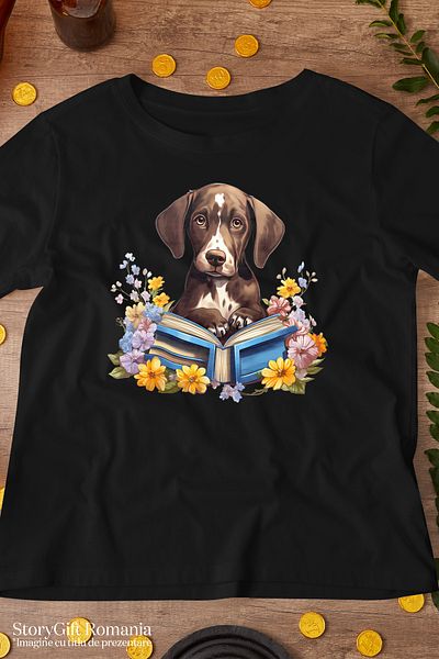 StoryGift Romania Tricou Femei cu un catel care se uita surpins, tine o carte deschisa, lectura, i BLK_L