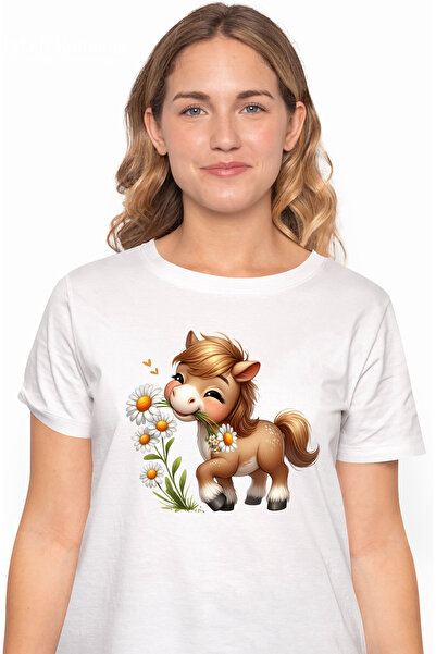 StoryGift Romania Tricou Femei cu un ponei care tine niste flori albe, natura...