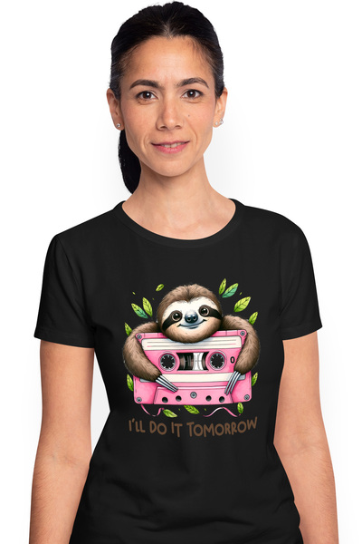 StoryGift Romania Tricou Femei cu animalul sloth/lenes cu mesajul "I'll do it tomorrow", ilustrati BLK_L