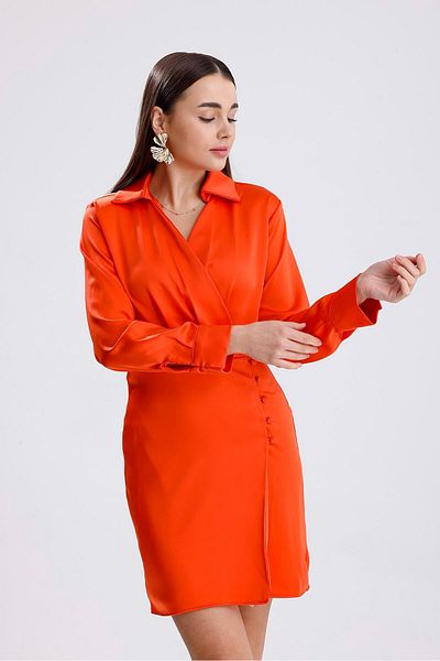 Moka Shopin Mokashopin Double Breasted Collar Buttoned Satin Dress - Orange