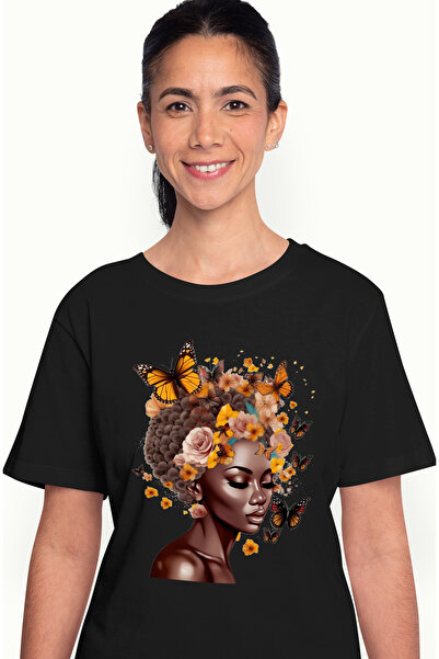 StoryGift Romania Tricou Femei cu o femeie afro, ilustratie, draguta, fluturi...