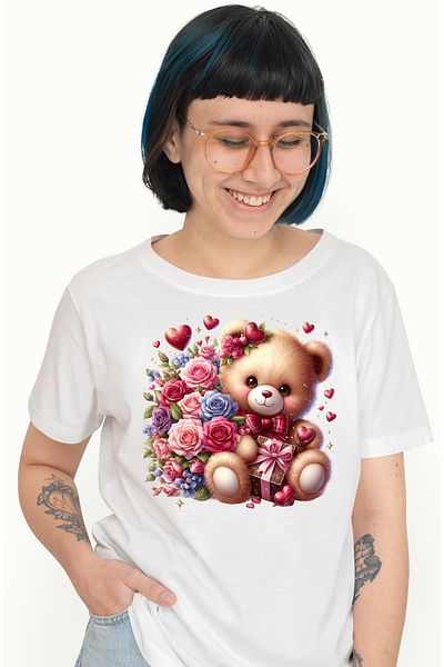 StoryGift Romania Tricou Femei cu un ursulet fericit si imbujorat, de plus, ilustratie, trandafiri WHT_XL
