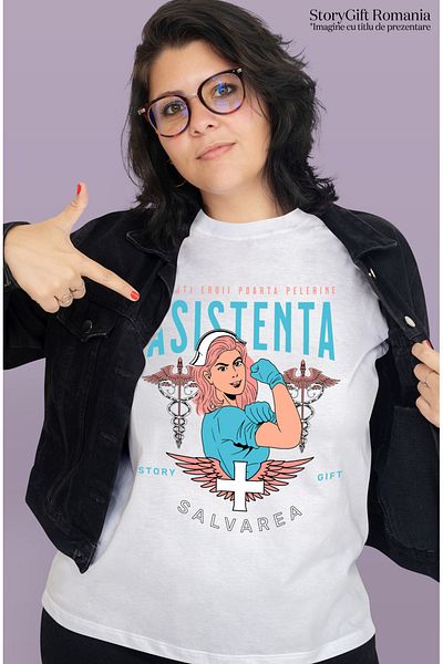 StoryGift Romania Tricou Femei asistenta medicala super erou salvarea cu imprimeu pe Fata, 100% B WHT_L