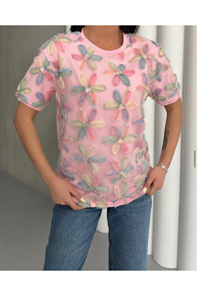 Butik Serdivan Γυναικείο λαιμόκοψη τούλι λουλουδάτο κοντομάνικο βαμβακερό μπλουζάκι Trend New Season με αξεσουάρ λουλουδιών