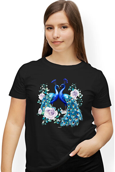 StoryGift Romania Tricou Femei cu o paunita si un paun, ilustratie, flori, pl...