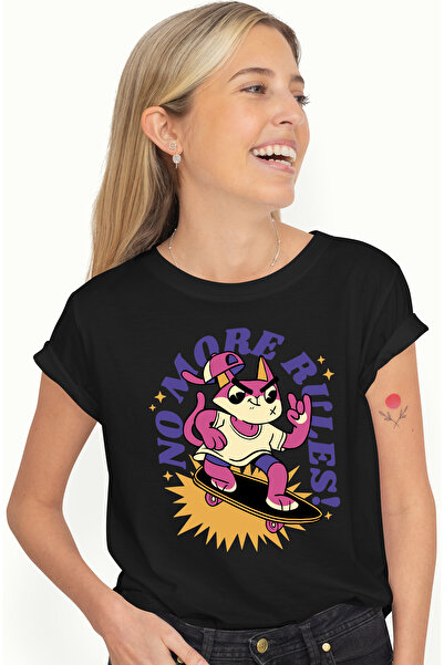 StoryGift Romania Tricou Femei Cu Mesaj In Engleza No More Rules, Pisica, Ska...