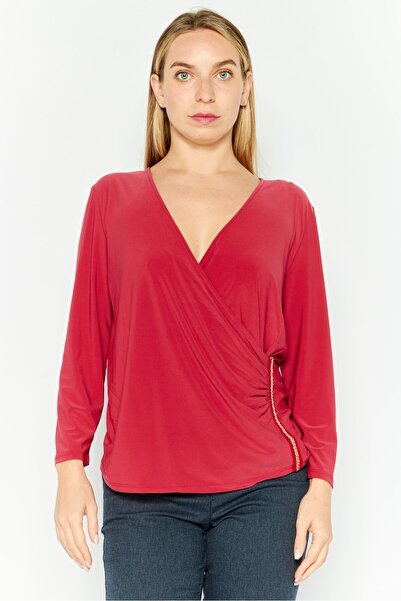 Nine West بلوزة نسائية سادة بأكمام طويلة وياقة متقاطعة، لون أحمر بوردو