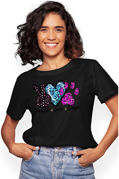 StoryGift Romania Tricou Femei cu mesajul "Peace, love, dogs", inima, labuta, semnul victoriei, ca BLK_XL