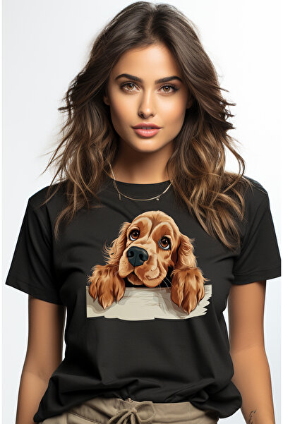 StoryGift Romania Tricou Femei cu un catel care sta atarnat pe un gard, se uita curios, pentru iub BLK_M