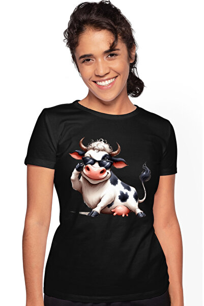 StoryGift Romania Tricou Femei cu o vaca vesela, are ochelari de soare, anima...