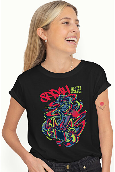 StoryGift Romania Tricou Femei Cu Recipient De Spray De Graffiti Pe Skateboard, Text In Engleza Sp BLK_XS
