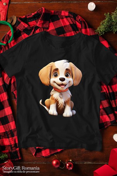 StoryGift Romania Women's T-shirt with a cheerful puppy, illustration, collar, orange, white, for lovers BLK_XS