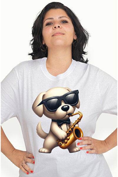 StoryGift Romania Tricou Femei cu un catel gri care canta la saxofon, ilustra...