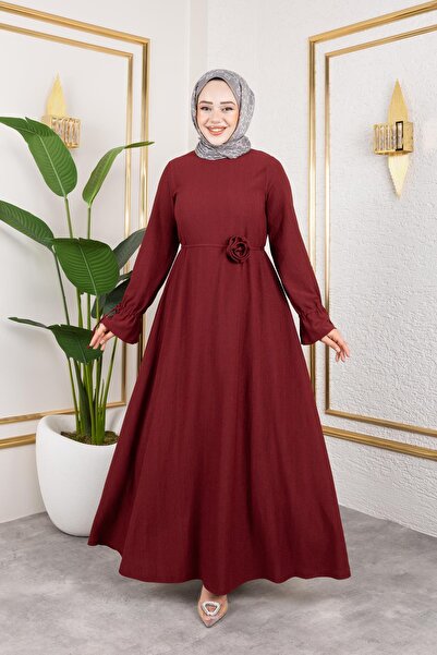 Moda Ebva Kol Büzgülü Gül Detaylı Elbise-5030 Bordo