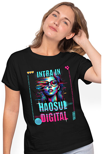 StoryGift Romania Tricou Femei fata eroare text intra in haosul digital cu imprimeu pe Fata, 100% BLK_XL