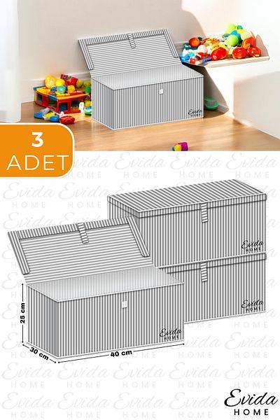 Evida 3Pcs Mini Multi-Purpose Storage Box, Toy Box, Organizer, Box Hurç Gray Striped Pattern 40X30X25