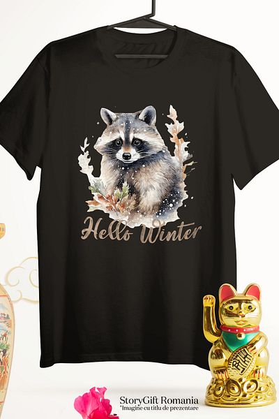 StoryGift Romania Tricou Femei cu raton cu mesajul "Hello Winter", salut, buna, Craciun fericit, i BLK_M