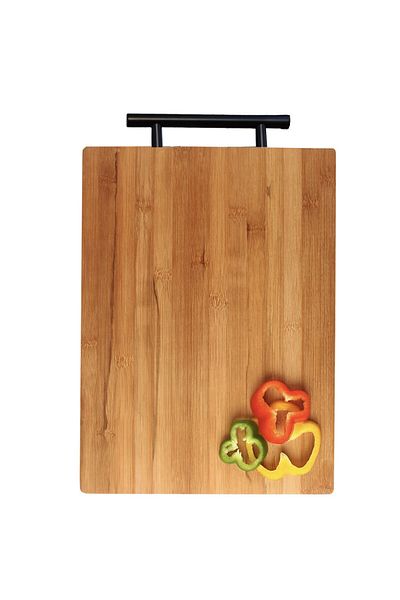 PUFO Premium Thick Kitchen Chopping Board Made Of Bamboo Wood With Metal Handle, Brown, 45 X 32 Cm