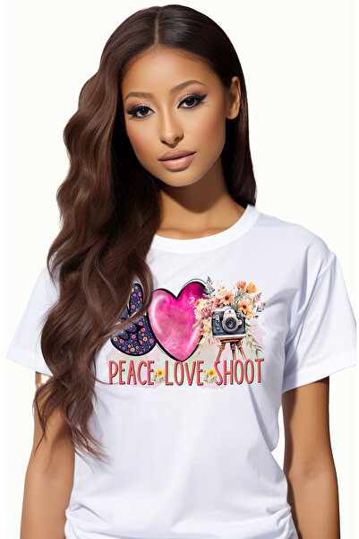 StoryGift Romania Tricou Femei cu mesajul "Peace, love, shoot", ilustratie, a...