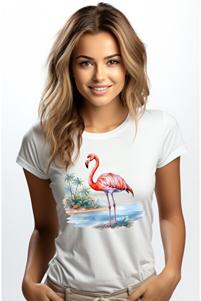 StoryGift Romania Tricou Femei cu pasarea Flamingo, ilustratie, palmieri, roz, apa, lac, ierburi, WHT_XL