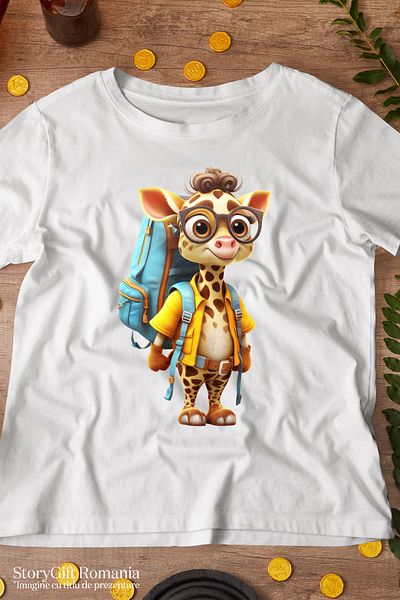 StoryGift Romania Tricou Femei cu o girafa exploratoare, excursie, ghiozdan, bagaj incarcat, exped WHT_S