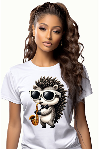 StoryGift Romania Tricou Femei cu un arici care canta la saxofon, ilustratie,...