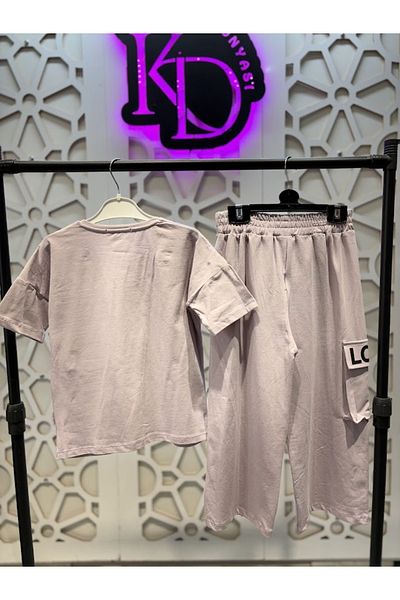 KUMRUNUN DÜNYASI Love Printed Pocket T-Shirt Loose Wide Leg Short Leg Purple Sweatpants Girls' Bottom Top Set