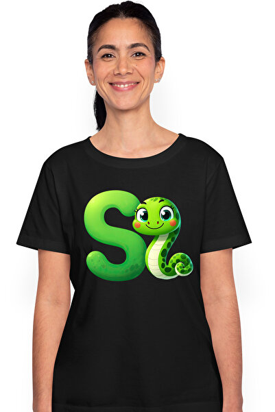 StoryGift Romania Tricou Femei cu un sarpe verde cu litera "S", ilustratie, p...