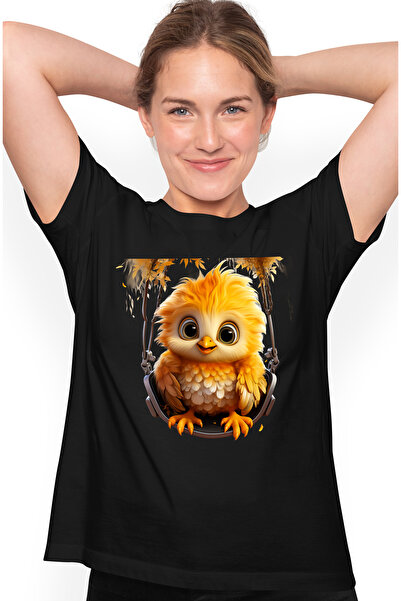 StoryGift Romania Tricou Femei cu o mica pasare incantata, ilustratie, galbena, se da in leagan, j BLK_M