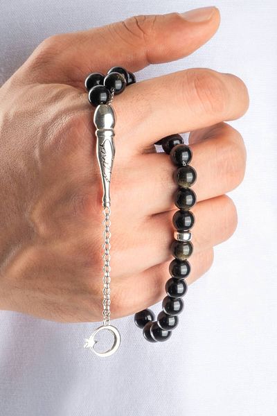So CHIC... Ataturk Signed Natural Onyx Stone 23 cm Silver Rosary