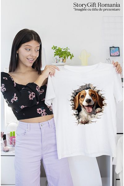 StoryGift Romania Tricou Femei cu un catel curios care se uita printr-un perete spart, ilustratie, WHT_XL